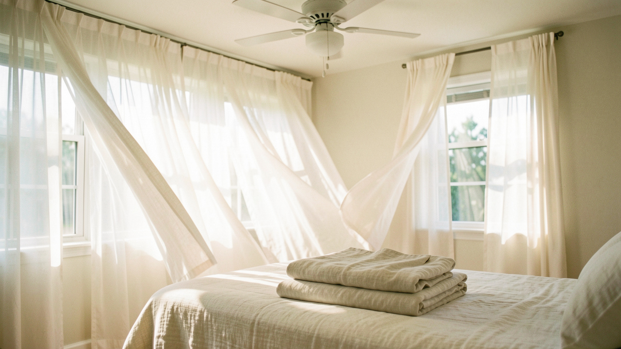 Chambre d’été lumineuse, rideaux légers qui bougent doucement, ventilateur discret au plafond, linge clair et ambiance fraîche apaisante.
