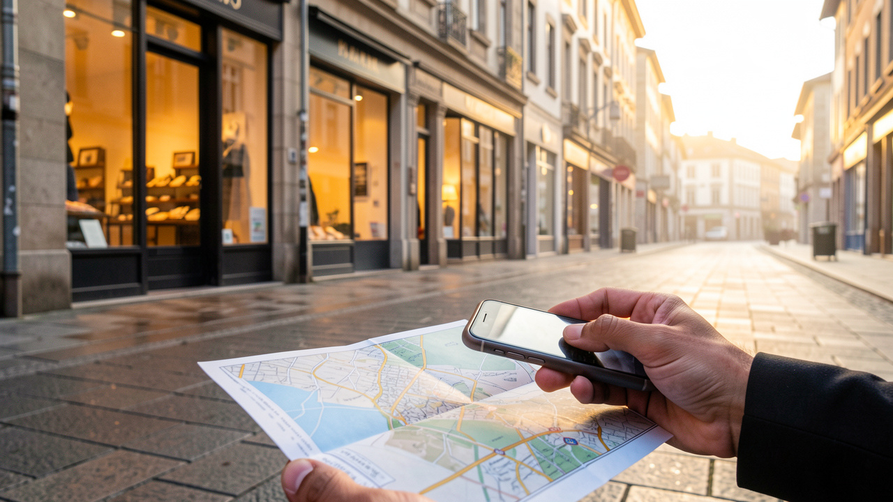 Vue urbaine du Pays basque avec des commerces locaux illuminés, une main tenant un smartphone au-dessus d’une carte pliée sur le trottoir, ambiance professionnelle lumineuse.