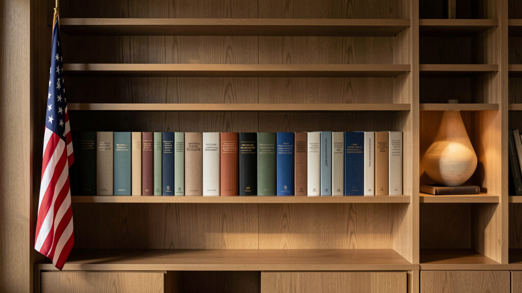 Bibliothèque contemporaine éclairée par une lumière de lecture, avec sept livres aux couvertures sans inscriptions et un drapeau américain discret sur une étagère.
