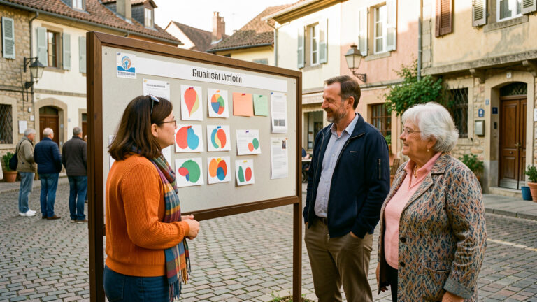 Place de village animée où des habitants variés observent un panneau municipal sous une lumière naturelle.