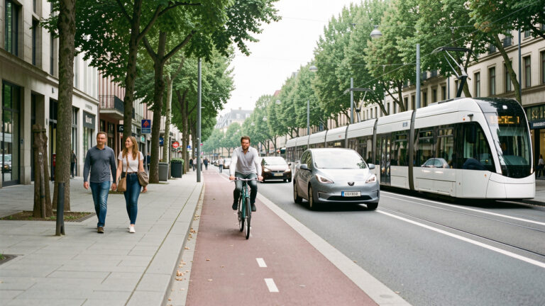 Rue urbaine apaisée avec une femme et un homme à pied, un cycliste, un tramway et une voiture électrique moderne sous une lumière naturelle.