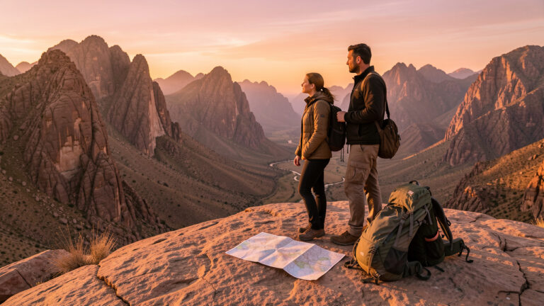 Deux voyageurs admirent un paysage montagneux d’Oman au coucher du soleil, avec des bagages et une carte posés sur un rocher.