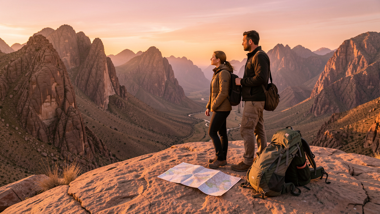 Deux voyageurs admirent un paysage montagneux d’Oman au coucher du soleil, avec des bagages et une carte posés sur un rocher.
