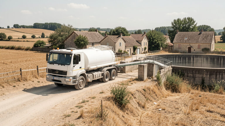 Camion-citerne alimentaire blanc livrant de l’eau potable dans le réservoir d’une petite commune rurale française, au milieu d’un paysage sec marqué par la sécheresse.