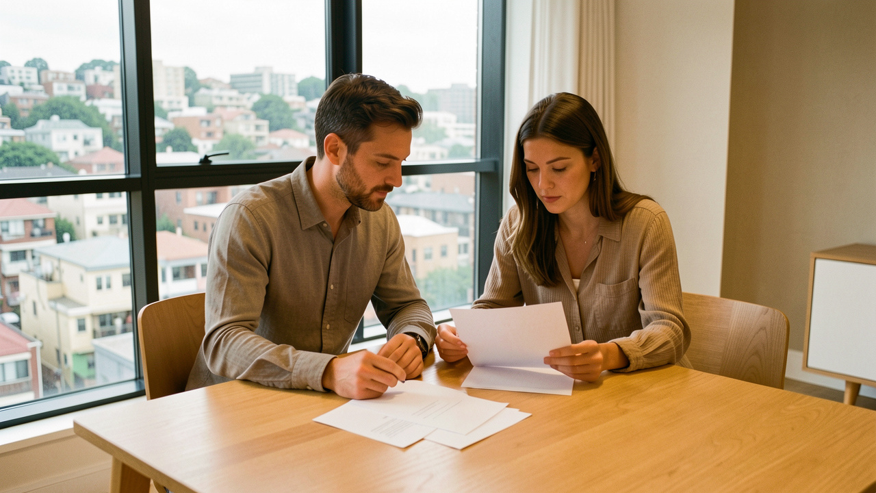 Un homme et une femme consultent ensemble des documents immobiliers vierges dans un appartement lumineux, avec un quartier urbain visible par la fenêtre.