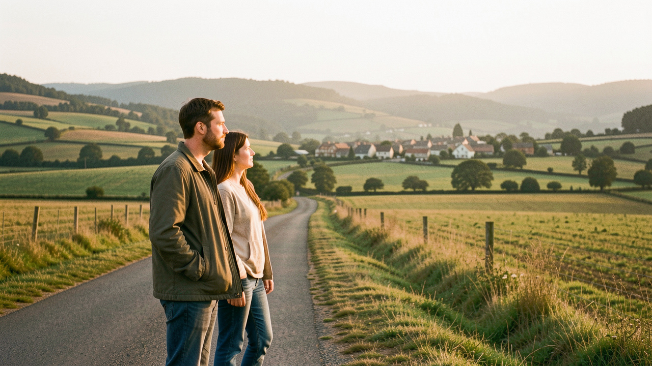 Un homme et une femme observent un paysage rural depuis une route, avec un village et des collines au loin dans une lumière douce.