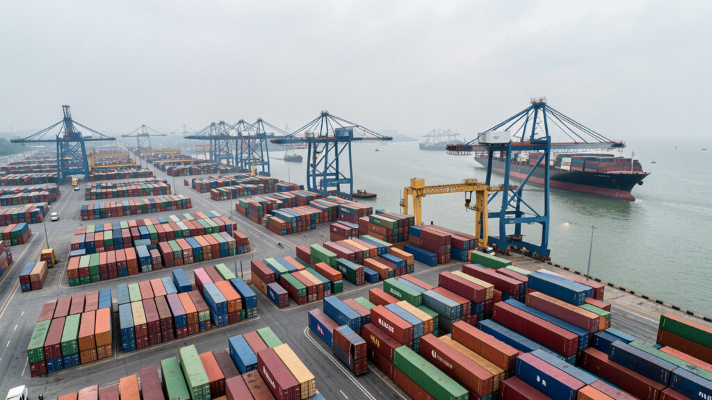 Vue éditoriale réaliste d’un grand port asiatique avec des rangées de conteneurs, des grues imposantes et un navire porte-conteneurs à quai.