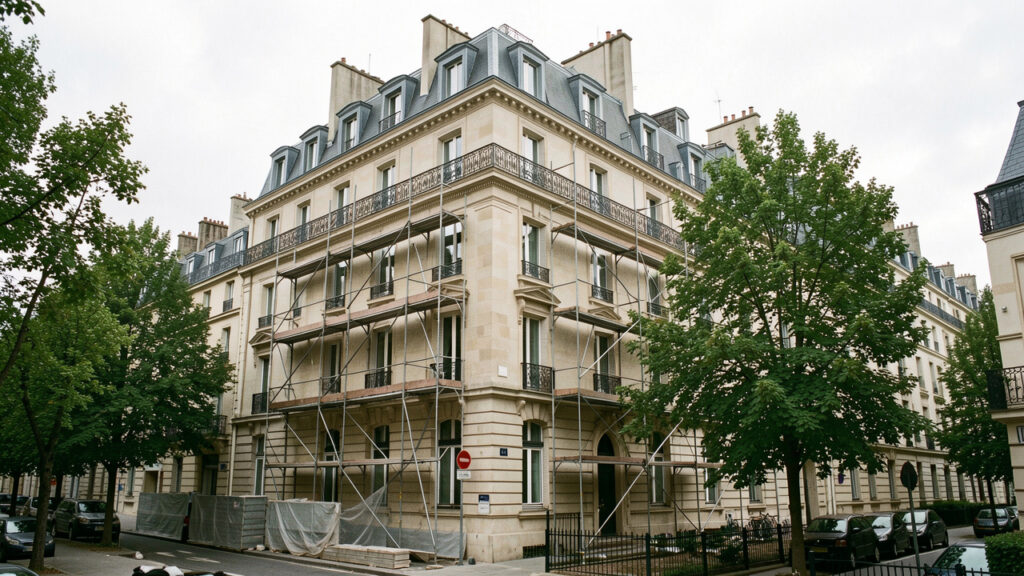 Vue urbaine réaliste d’un ancien immeuble de bureaux français en rénovation, avec des échafaudages discrets, des bâtiments voisins serrés et des arbres matures.