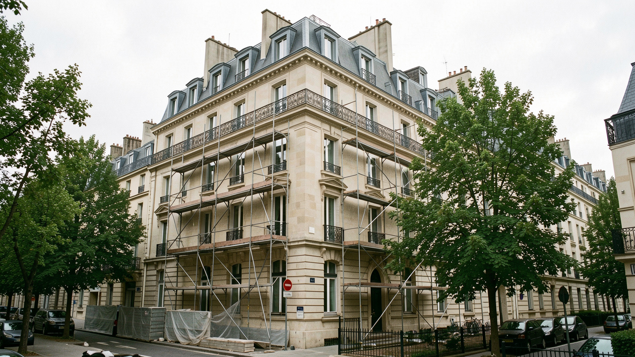 Vue urbaine réaliste d’un ancien immeuble de bureaux français en rénovation, avec des échafaudages discrets, des bâtiments voisins serrés et des arbres matures.