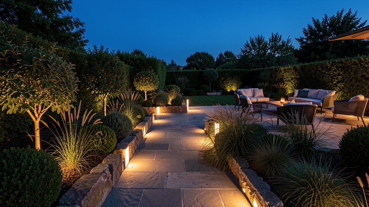 Jardin contemporain au crépuscule avec une allée et une terrasse éclairées par des luminaires discrets, dans une ambiance chaleureuse.