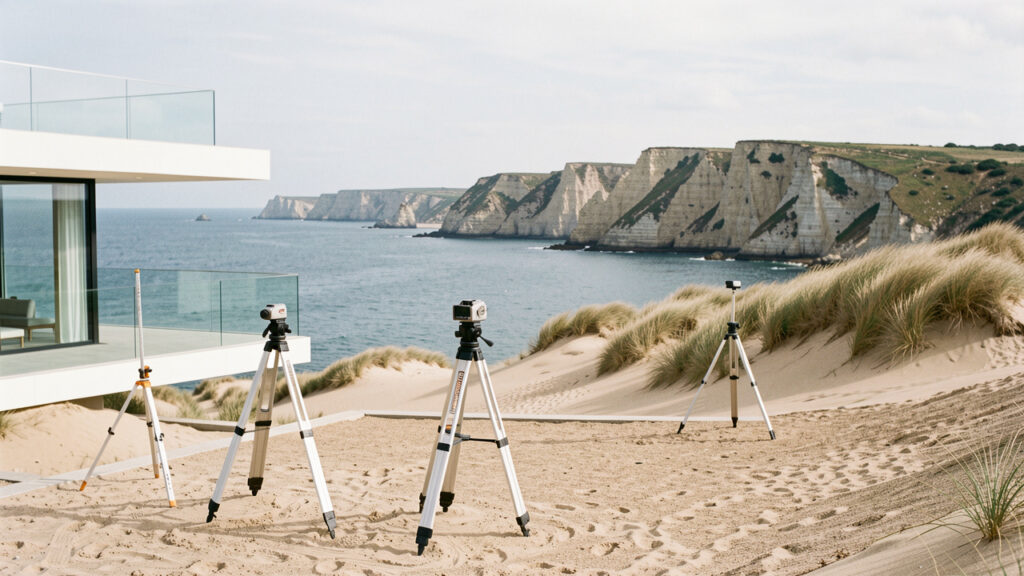 Maison contemporaine sur le littoral français, avec des instruments de relevés topographiques au premier plan, une dune et une falaise érodée en arrière-plan sous une lumière naturelle.