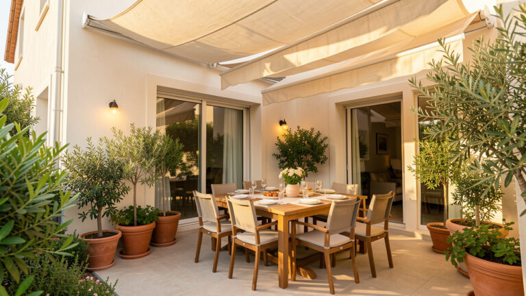 Maison lumineuse aux beaux jours avec un coin repas extérieur convivial, des stores, des plantes en pot et un éclairage chaleureux.