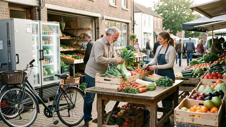 Marché alimentaire local avec un homme et une femme producteurs, des casiers de retrait réfrigérés, des produits frais et des vélos-cargos dans une ambiance documentaire réaliste.
