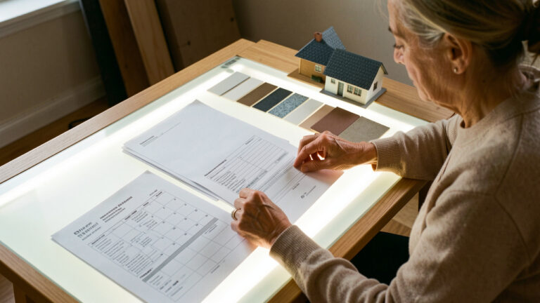Une propriétaire organise des documents vierges, des échantillons de matériaux et un calendrier non renseigné sur une table lumineuse pour planifier une rénovation énergétique.