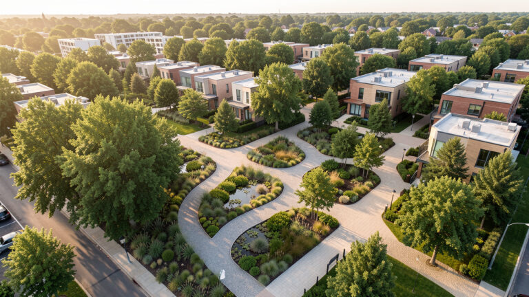 Vue aérienne réaliste d’un quartier urbain régénératif avec arbres matures, noues végétalisées, jardins de pluie et cheminements piétons baignés d’une lumière douce.