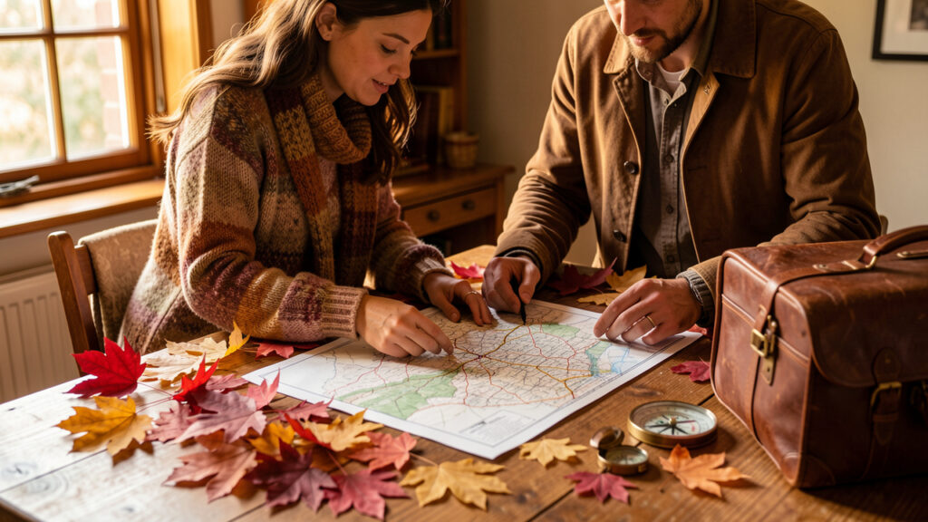 Une femme et un homme préparent un itinéraire d’automne autour d’une table en bois, avec une carte vierge, des feuilles colorées, une boussole et d’élégantes valises en cuir.