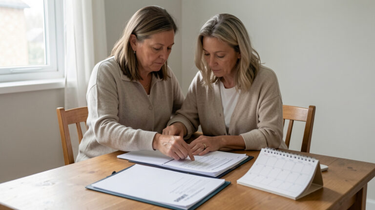 Assistante familiale assise à une table sobre, organisant un dossier administratif, des documents vierges et un calendrier.