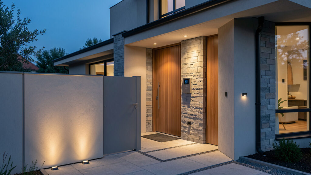 Entrée d’une maison moderne et sécurisée avec portail discret, visiophone et éclairage extérieur chaleureux dans une ambiance rassurante.