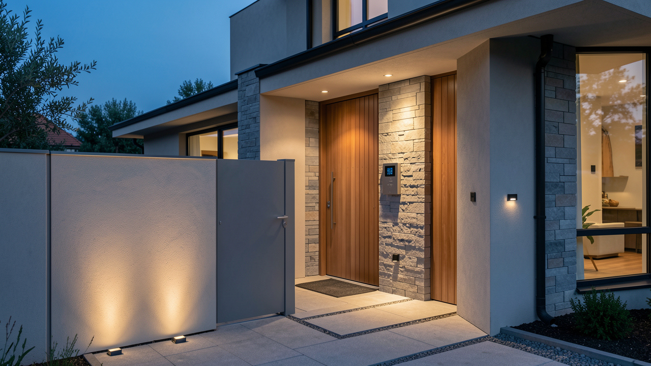 Entrée d’une maison moderne et sécurisée avec portail discret, visiophone et éclairage extérieur chaleureux dans une ambiance rassurante.