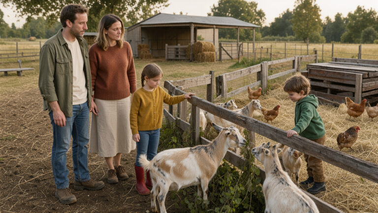 Une famille avec deux enfants observe des chèvres et des poules dans une ferme pédagogique française, sous une lumière douce.