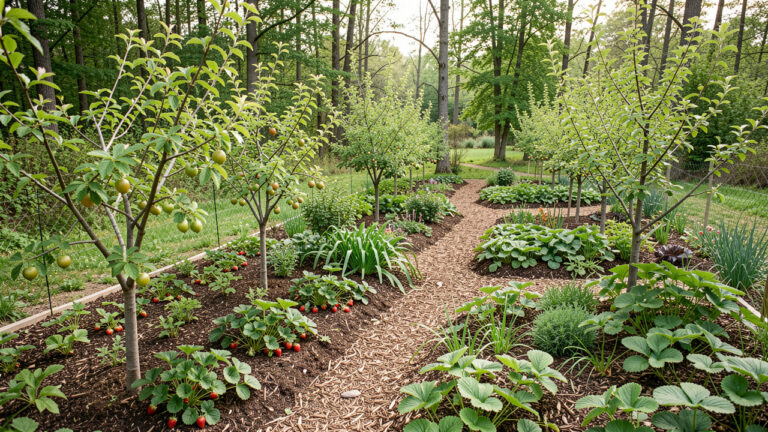 Jardin-forêt comestible familial vu en légère plongée, avec de jeunes arbres fruitiers, des arbustes à petits fruits, des fraisiers et des allées paillées sous une douce lumière printanière.