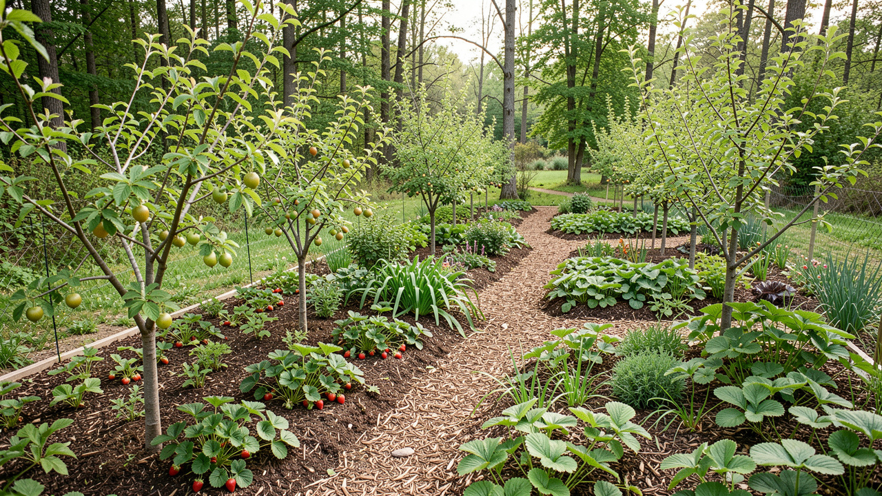 Jardin-forêt comestible familial vu en légère plongée, avec de jeunes arbres fruitiers, des arbustes à petits fruits, des fraisiers et des allées paillées sous une douce lumière printanière.