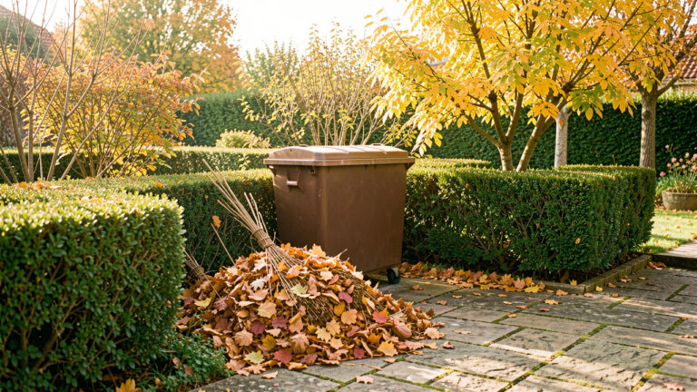 Jardin résidentiel français en automne avec des feuilles mortes ramassées au râteau près d’un bac brun à biodéchets, éclairé par une lumière douce et lumineuse.