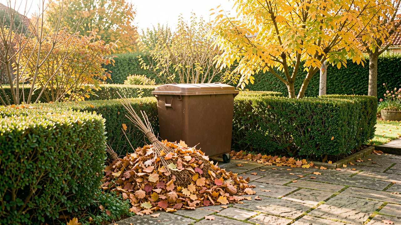 Jardin résidentiel français en automne avec des feuilles mortes ramassées au râteau près d’un bac brun à biodéchets, éclairé par une lumière douce et lumineuse.