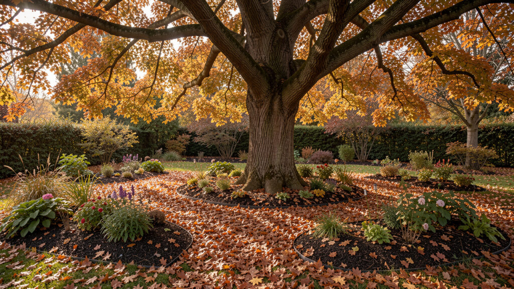 Jardin d’automne naturel avec des feuilles mortes sous un grand arbre, des massifs paillés et une lumière douce.