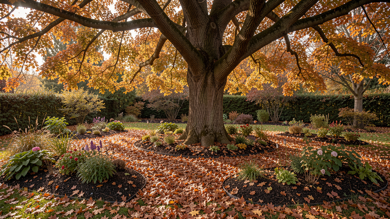 Jardin d’automne naturel avec des feuilles mortes sous un grand arbre, des massifs paillés et une lumière douce.