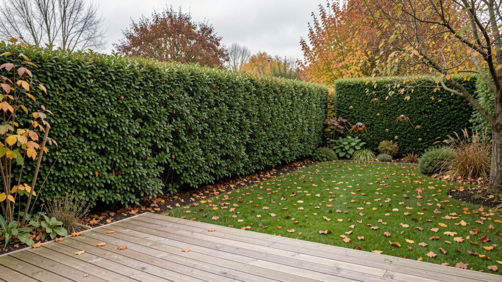 Jardin familial en octobre avec une terrasse rangée, une haie dense, des feuilles d’automne et quelques frelons asiatiques visibles au loin dans une ambiance réaliste et prudente.