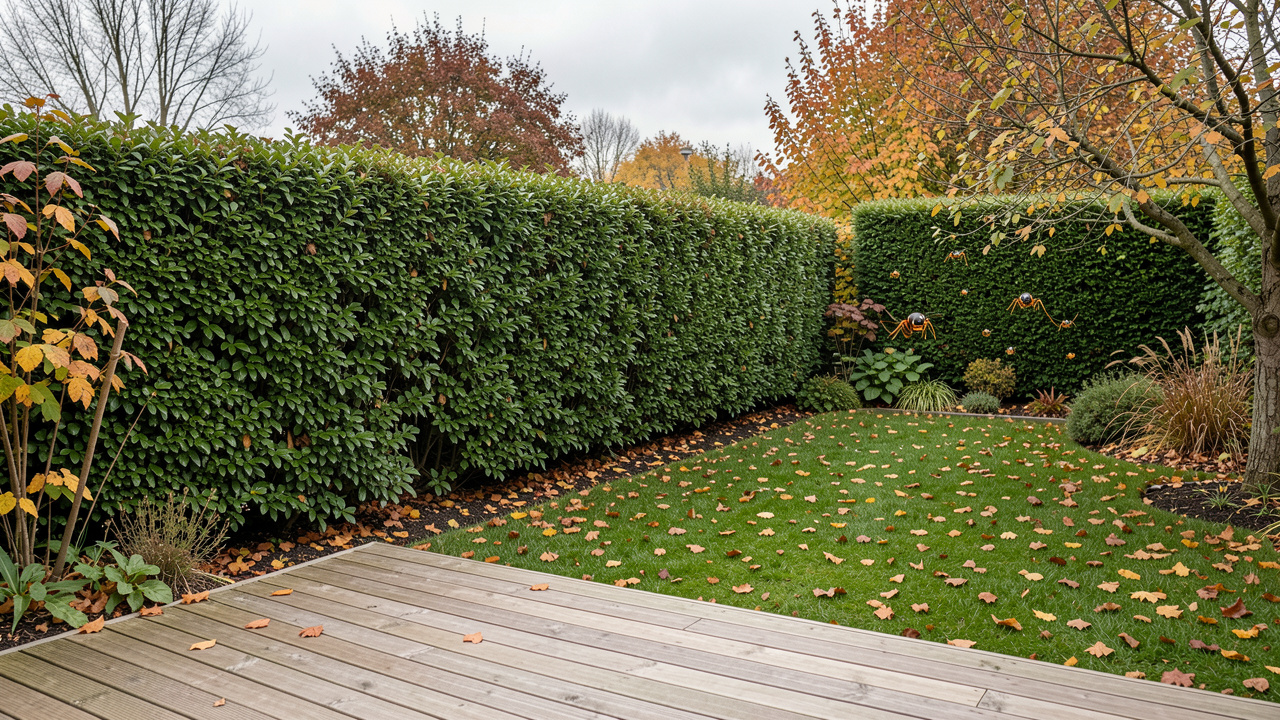 Jardin familial en octobre avec une terrasse rangée, une haie dense, des feuilles d’automne et quelques frelons asiatiques visibles au loin dans une ambiance réaliste et prudente.
