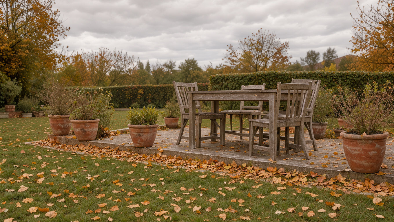 Jardin gersois en automne avec une terrasse soigneusement rangée, des feuilles dorées et une lumière douce sous un ciel nuageux.