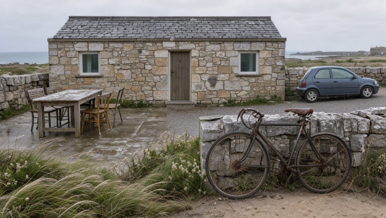Maison côtière avec mobilier de jardin, vélo et voiture exposés aux embruns marins.