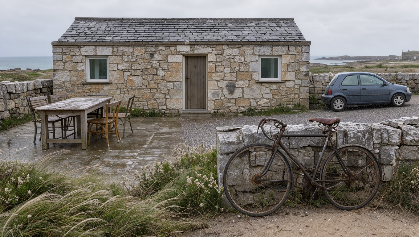 Maison côtière avec mobilier de jardin, vélo et voiture exposés aux embruns marins.