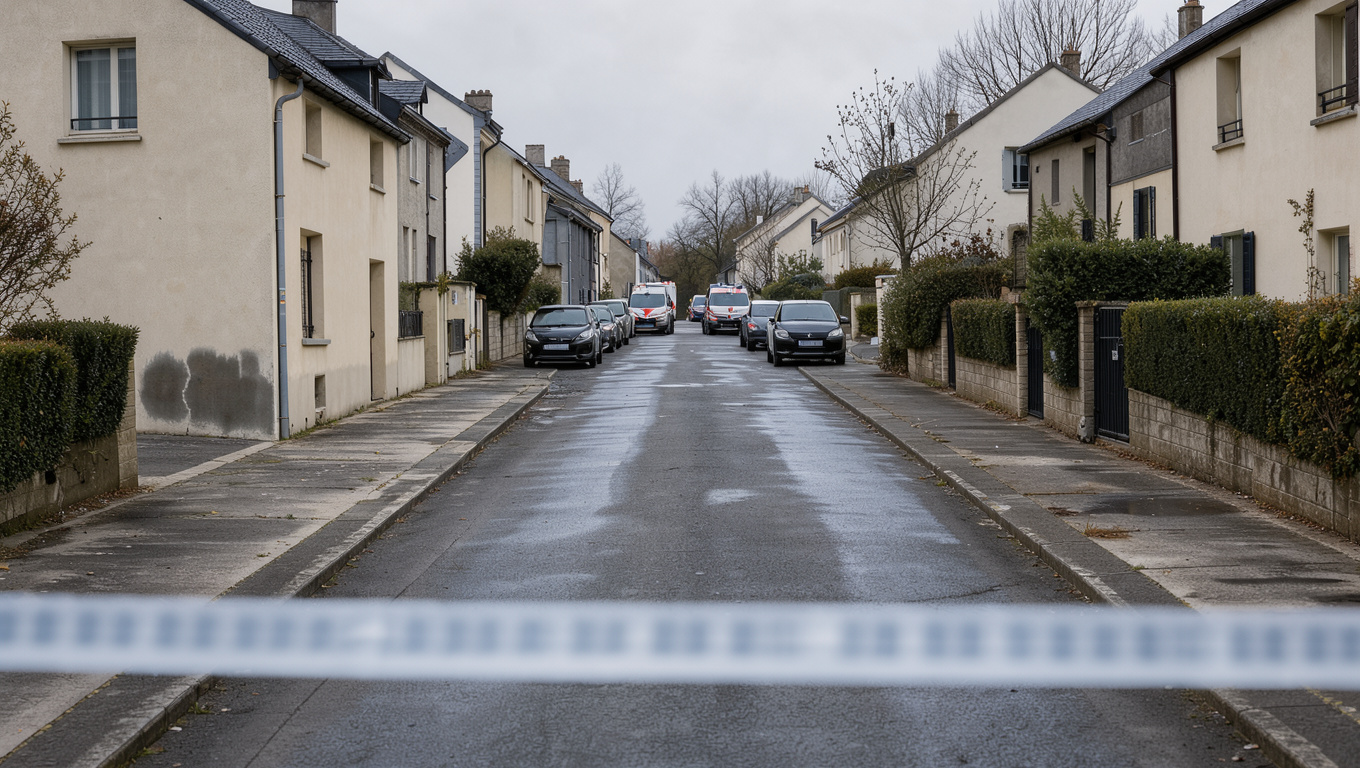 Quartier urbain calme des Yvelines avec un ruban de sécurité flou au premier plan et des véhicules de secours visibles au loin.