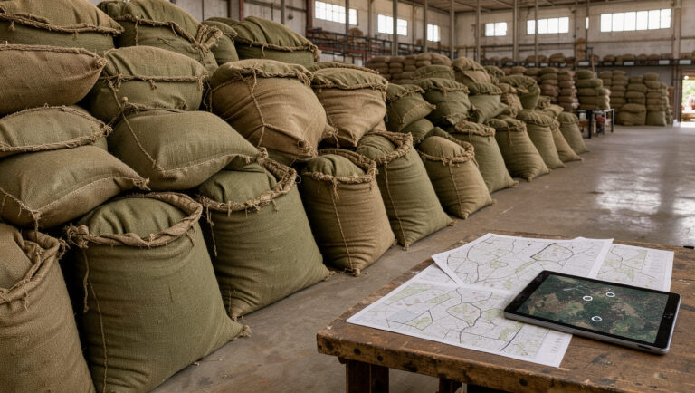 Sacs de café vert éthiopien empilés dans un entrepôt, accompagnés de cartes de parcelles et d’une tablette affichant une carte géographique sans libellés.