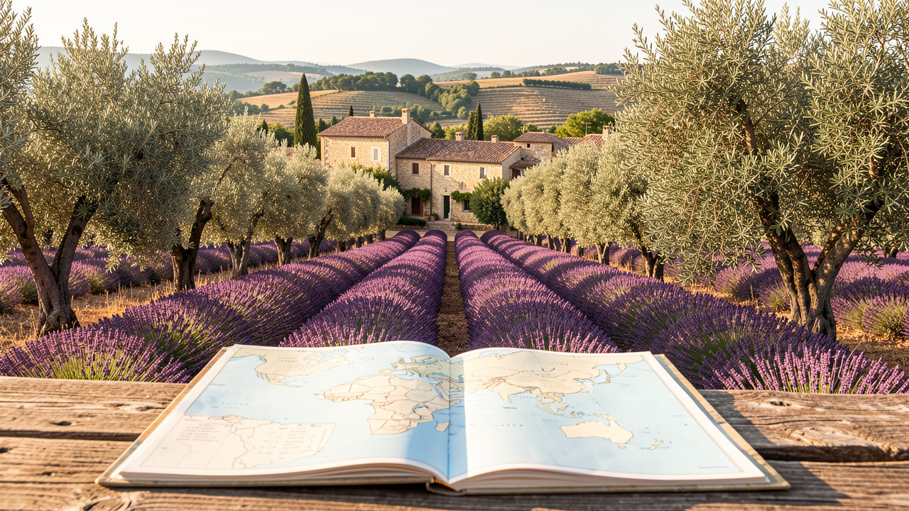 Vue lumineuse d’un village provençal entouré d’oliviers et de champs de lavande, avec une carte de voyage ouverte au premier plan.