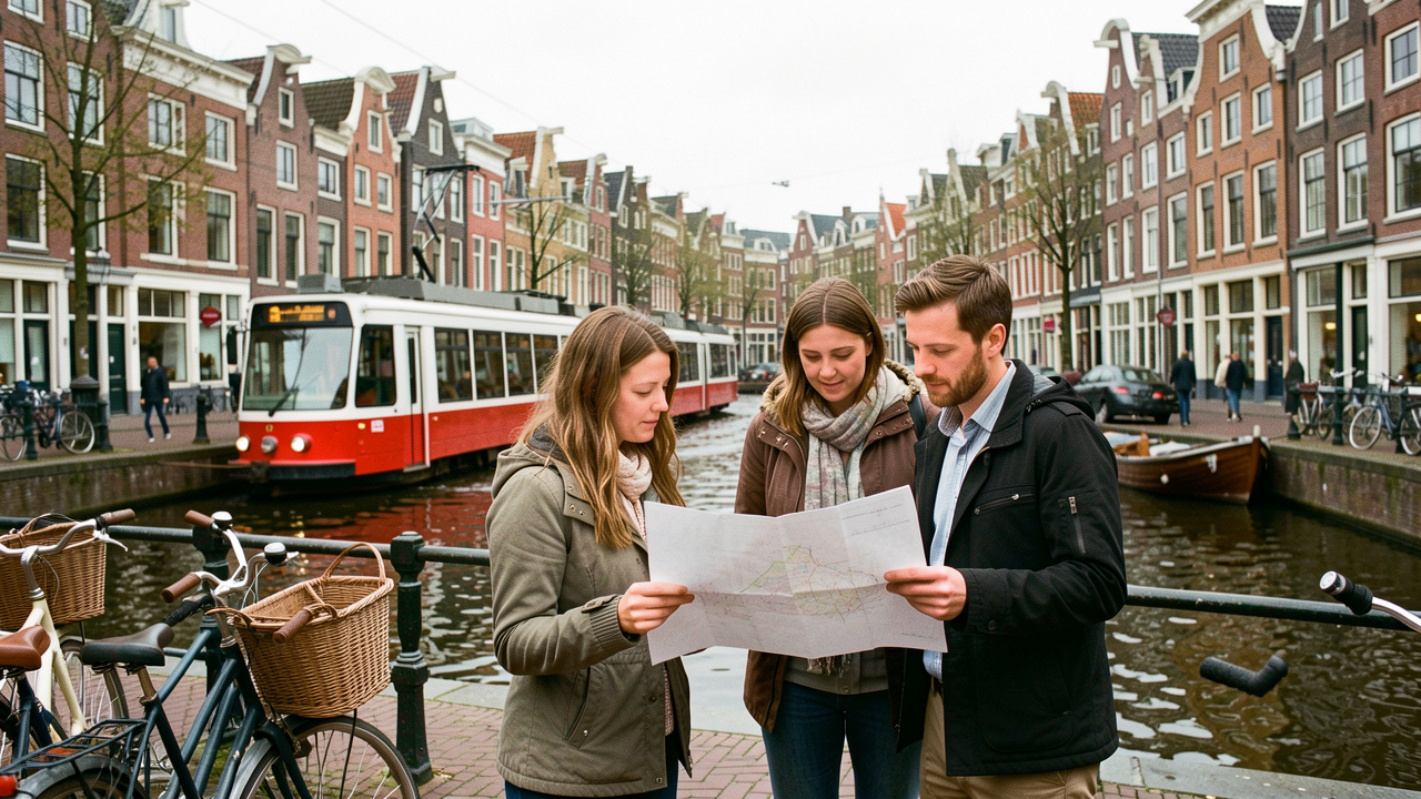 Vue urbaine d’Amsterdam avec des vélos, un tramway, des façades historiques et trois voyageurs consultant une carte vierge.